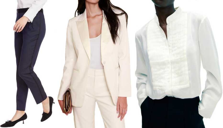 Court & Rowe Satin Tuxedo Stripe Pants in Blue Night; Barathea Italian Wool Tuxedo Jacket in New Off White; Tuxedo Shirt in White