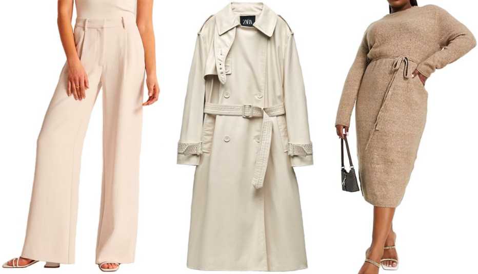 Abercrombie & Fitch Women’s Premium Crepe Tailored Ultra Wide Leg Pant in Cream; Zara Women’s Belted Faux-Leather Trench in Ecru; Asos Design Curve Knit Midi Dress With Tie Waist in Taupe Abercrombie & Fitch Women’s Premium Crepe Tailored Ultra Wide Leg Pant in Cream; Zara Women’s Belted Faux-Leather Trench in Ecru; Asos Design Curve Knit Midi Dress With Tie Waist in Taupe