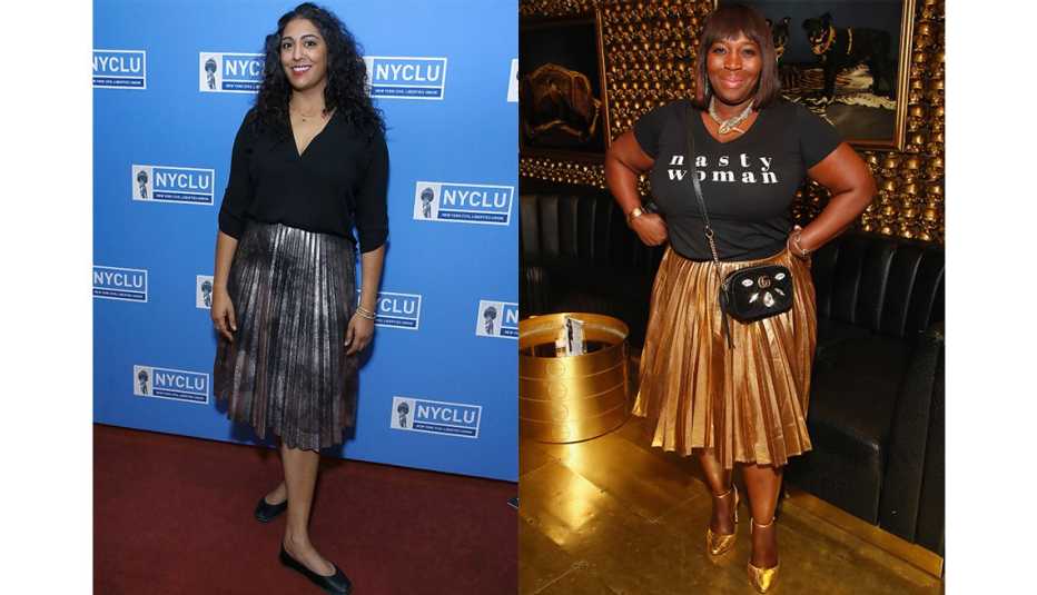 Women in metallic and sparkly dresses