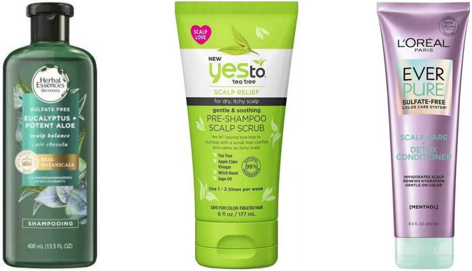 Herbal Essences bio:renew Eucalyptus + Potent Aloe Scalp Balance Shampoo; Yes to Tea Tree Gentle & Soothing Pre-Shampoo Scalp Scrub; L’Oréal Paris EverPure Sulfate-Free Scalp Care + Detox Conditioner