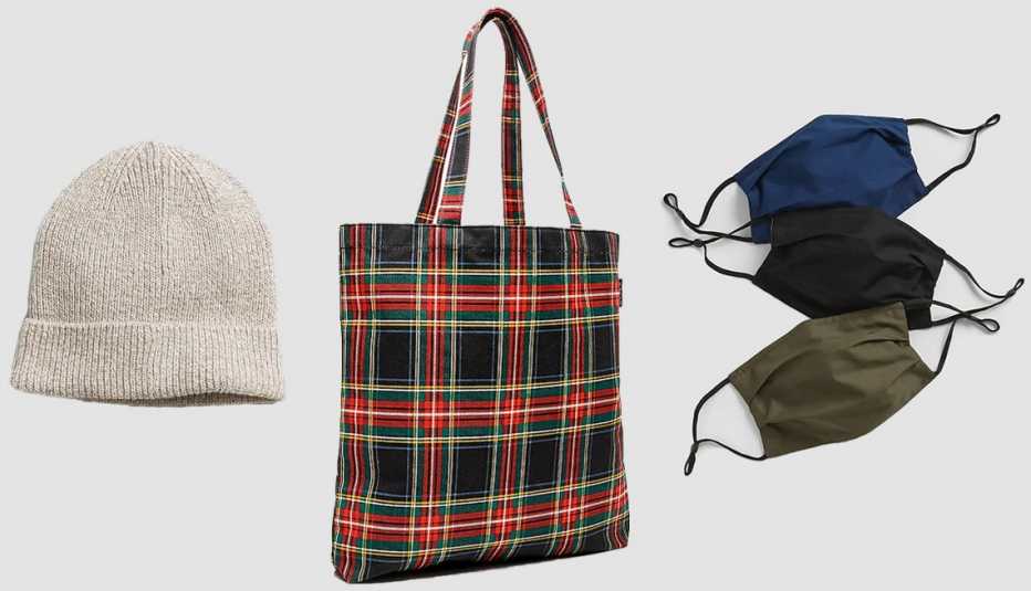 Gap Rib Beanie; J.Crew Reusable Everyday Tote in Stewart tartan; Gap Adult Face Mask (3-Pack) in multi black/green/blue