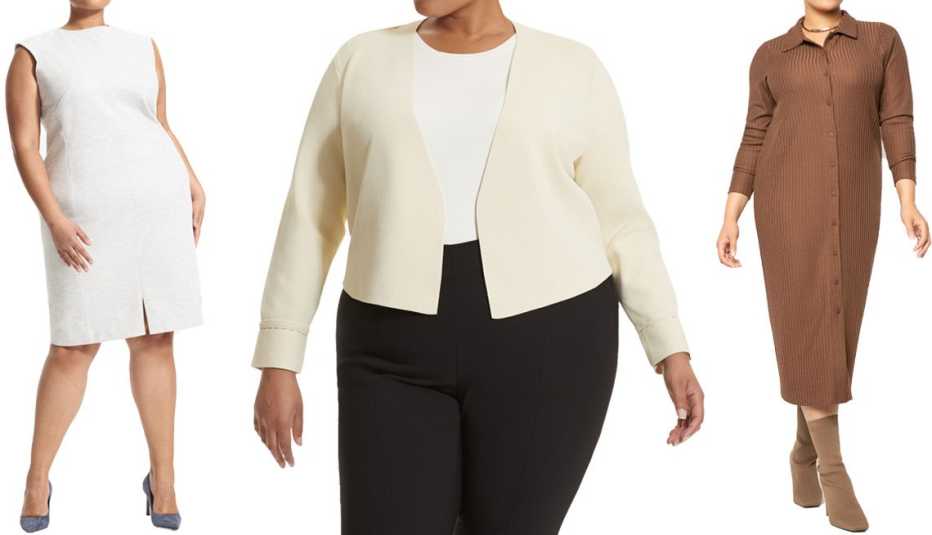 M.M.LaFleur for Dia & Co Katie Dress in Light Grey; M.M.LaFleur for Dia & Co Saint Ambroeus Blazer in Ivory; Eloquii Button Front Collared Dress Knit Work in Pinecone