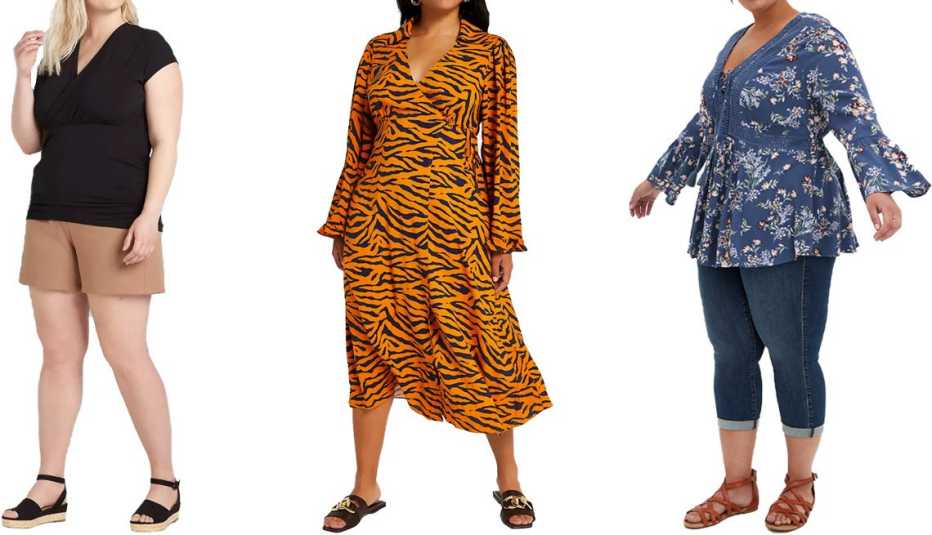 Lane Bryant Crossover Ruched Side Top in Black; River Island Plus Brown Animal Print Wrap Midi Dress; Torrid Vintage Indigo Floral Gauze Lace-Up Babydoll Blouse in Floral-Blue