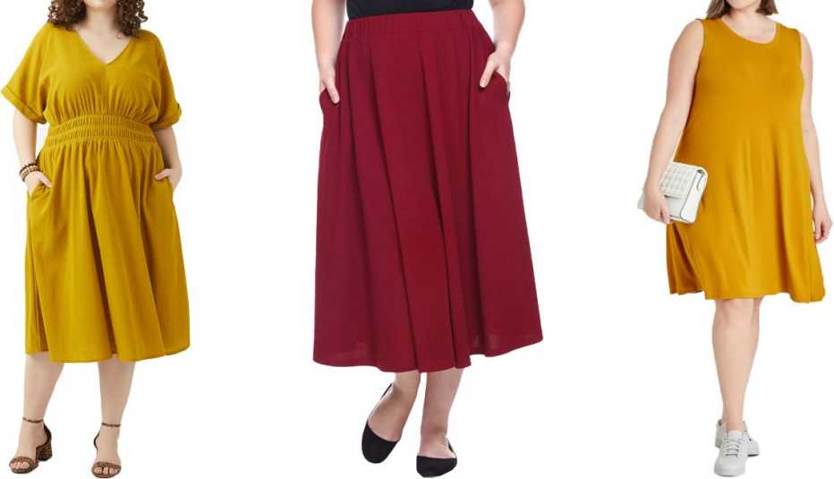Dia & Co Adorned Noris V-Neck Midi Dress in Yellow; White Mark Plus Size Tasmin Flare Midi Skirts in Burgundy; Ava & Viv Women's Plus Size Sleeveless Knit Swing Dress in Yellow