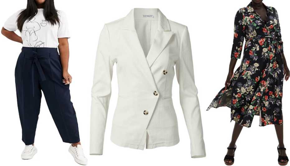 Asos Design Curve Tailored Tie Waist Tapered Ankle Grazer Pants in Navy; Venus Plus Size Twill Button Front Blazer in White; Torrid Tea Length Shirt Dress in Challis Black Floral