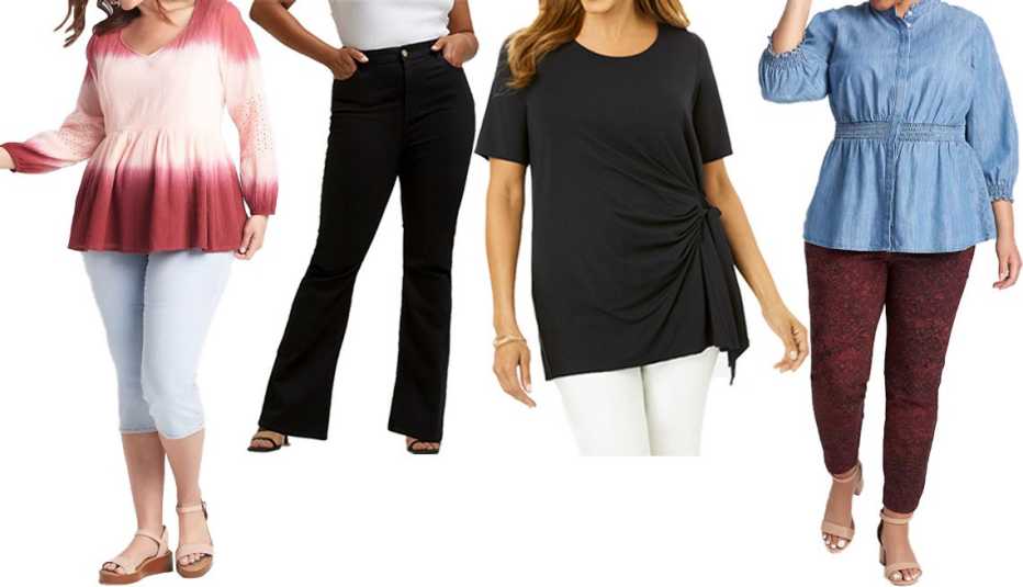 Lane Bryant Long-Sleeve Dip-Dye Peasant Top in Coral Blush; River Island Plus Black Mid Rise Flared Jeans; Jessica London Side-Tie Tee in Black; Lane Bryant Smocked Peplum Button-Down Top in Chambray