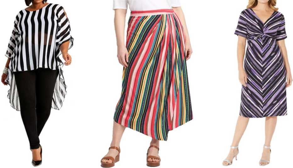 Ashley Stewart Stripe Cold Shoulder Slit Blouse in Black White; Lane Bryant Asymmetrical Pull-On Midi Skirt in Multi Stripe; Catherines Violet Twist-Knot Fit & Flare Dress in Purple Stripe
