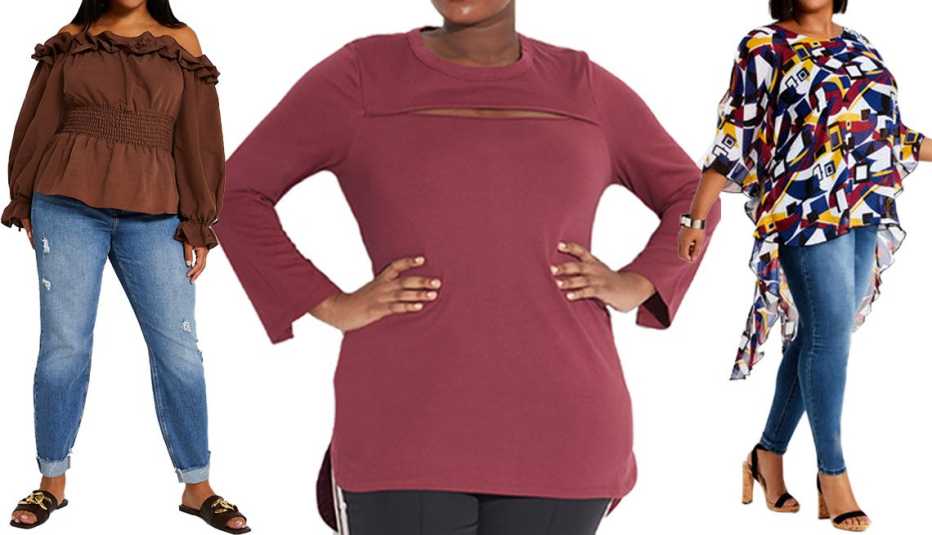 River Island Plus Brown Ruffled Bardot Top; See Rose Go the Peek-a-boo Tunic in Burgundy; Ashley Stewart Geo Sheer Cold Shoulder Slit Top