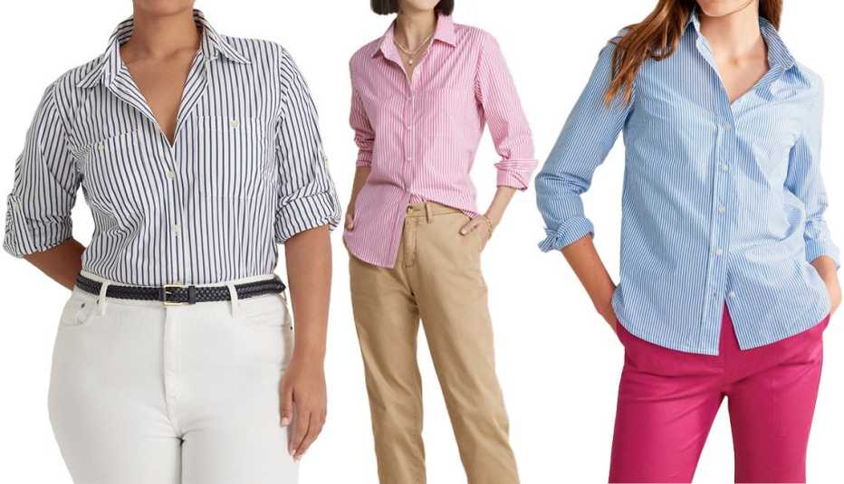 Lauren Woman Striped Cotton Shirt in White/Indigo; Vineyard Vines Bayview Poplin Shirt in Rhododendron/White; Boden Sienna Cotton Shirt in Fine Blue Stripe