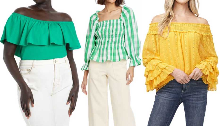 Eloquii Off the Shoulder Ruffle Top in Jelly Bean; Who What Wear Women's Puff 3/4 Sleeve Smocked Peplum Top in Green; CeCe Off-the-Shoulder Floral Chain Embroidered Blouse in Golden Hour
