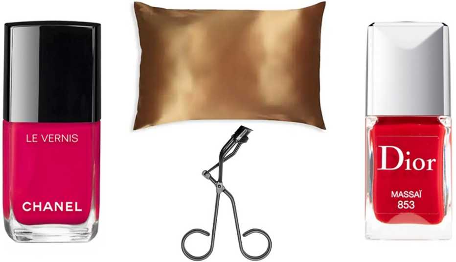 Chanel Le Vernis Longera Nail Colour in 506 Camèlia; Slip Silk Pillowcase in Gold; Dior Vernis Gel Shine & Long Wear Nail Lacquer in Massai; Surratt Beauty Relevée Eye Lash Curler
