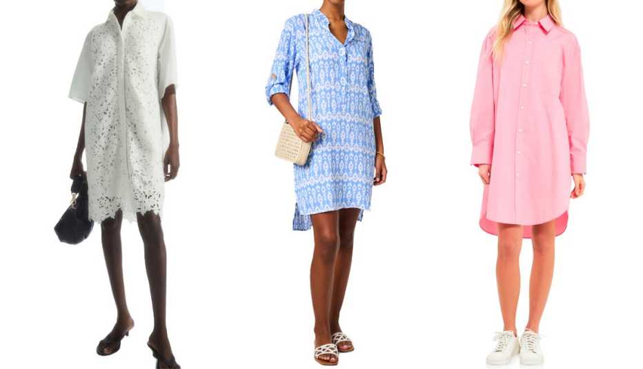 COS Eyelet Shirt Dress in White; Walker & Wade Periwinkle Ikat Print Dress; English Factory Classic Collar Shirtdress in Pink COS Eyelet Shirt Dress in White; Walker & Wade Periwinkle Ikat Print Dress; English Factory Classic Collar Shirtdress in Pink