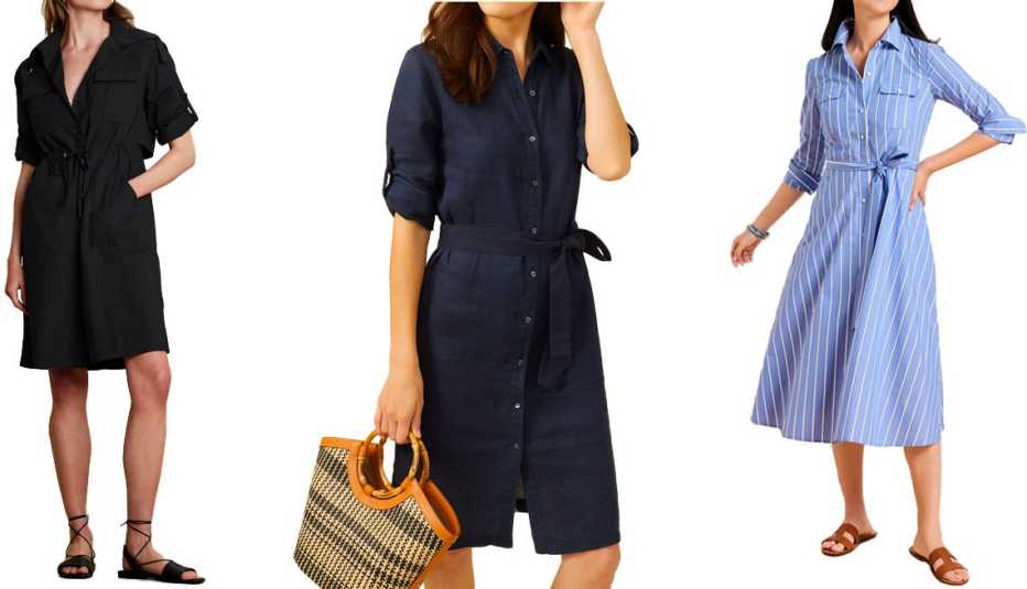 Banana Republic Factory Trench-Back Shirtdress; J.McLaughlin Miranda Linen Shirtdress in Indigo; Talbots Poplin Fit & Flare Dress in Clover Stripe Banana Republic Factory Trench-Back Shirtdress; J.McLaughlin Miranda Linen Shirtdress in Indigo; Talbots Poplin Fit & Flare Dress in Clover Stripe