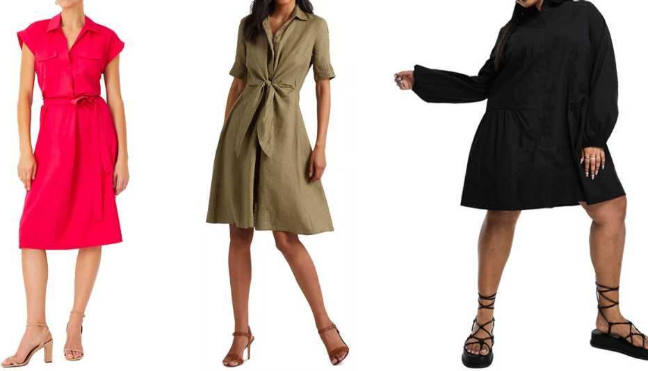 Ann Taylor Cap Sleeve Pocket Shirtdress in Jazzy Pink; Lauren Ralph Lauren Tie Front Shirt Dress in Olive Fern; Asos Design Curve Smock Button-Through Gathered Detail Mini Shirt Dress in Black Ann Taylor Cap Sleeve Pocket Shirtdress in Jazzy Pink; Lauren Ralph Lauren Tie Front Shirt Dress in Olive Fern; Asos Design Curve Smock Button-Through Gathered Detail Mini Shirt Dress in Black