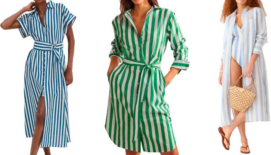 Zara Striped Linen Blend Shirtdress; Boden Relaxed Cotton Shirt Dress in Rich Emerald and Ivory; J.Crew Long Beach Shirt in Striped Linen-Cotton Blend in Faded Blue Zara Striped Linen Blend Shirtdress; Boden Relaxed Cotton Shirt Dress in Rich Emerald and Ivory; J.Crew Long Beach Shirt in Striped Linen-Cotton Blend in Faded Blue