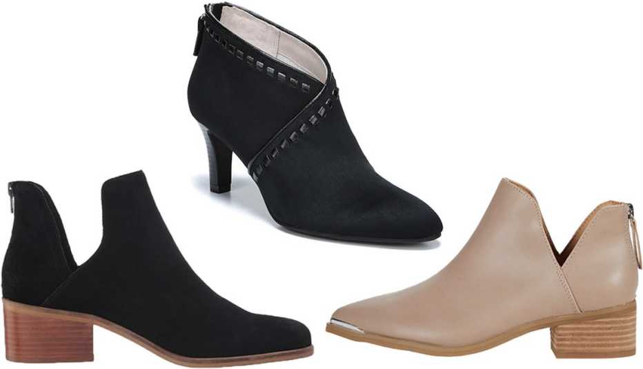 Steve Madden Lancaster Bootie in Black Suede﻿; LifeStride Giada Bootie in Black; DV Dolce Vita Wendee in Taupe
