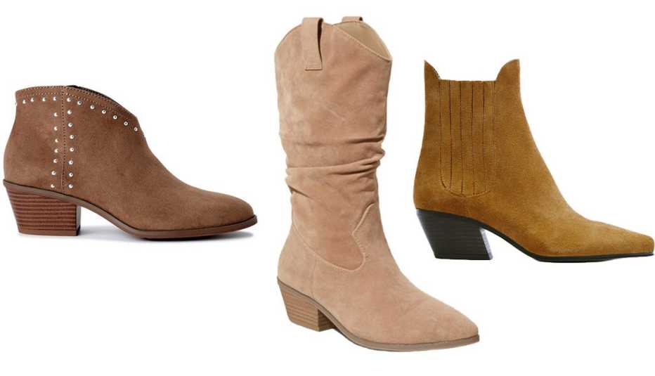 Scoop Women’s Studded Faux Suede Booties ﻿With Stacked Heel in Tan; Universal Thread Ad﻿aline Western Boots in Taupe; Zara Cowboy Split Leather Ankle Boots in Brown﻿