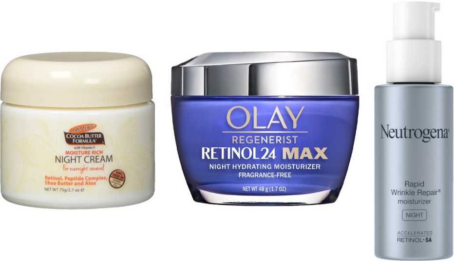Palmer's Cocoa Butter Formula Night Renewal Cream; Olay Regenerist Retinol24 MAX Night Face Moisturizer; Neutrogena Rapid Wrinkle Repair Hyaluronic Acid Night Moisturizer with Retinol