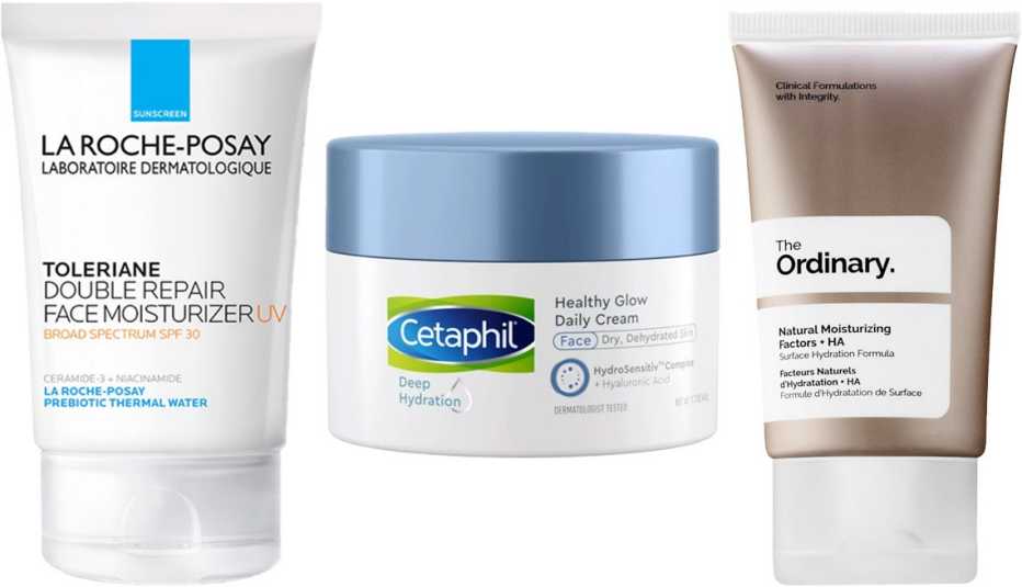 La Roche-Posay Double Repair Face Moisturizer; Cetaphil Deep Hydration Healthy Glow Daily Cream; The Ordinary Natural Moisturizing Factors + HA