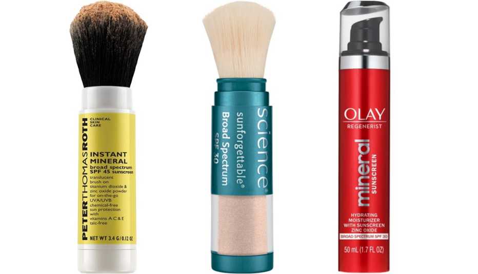 Peter Thomas Roth Instant Mineral Broad Spectrum SPF 45 Sunscreen; Colorescience Sunforgettable Brush-On Sunscreen; Olay Regenerist Mineral Sunscreen Hydrating Moisturizer SPF 30