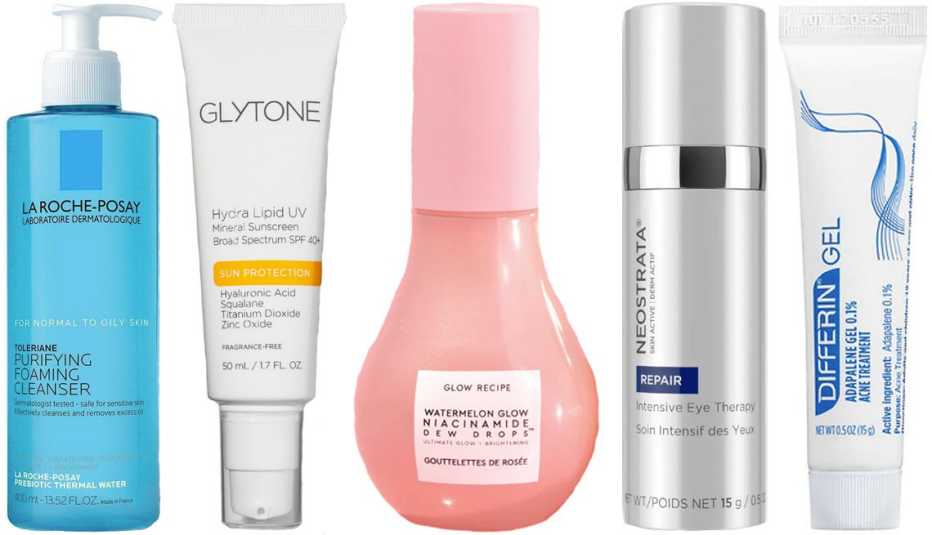 La Roche-Posay Toleriane Purifying Foaming Face Wash; Glytone Hydra Lipid UV Mineral Sunscreen Broad Spectrum SPF 40+; Glow Recipe Watermelon Glow Niacinamide Dew Drops; NeoStrata Intensive Eye Therapy; Differin Adapalene Gel 0.1% Acne Treatment
