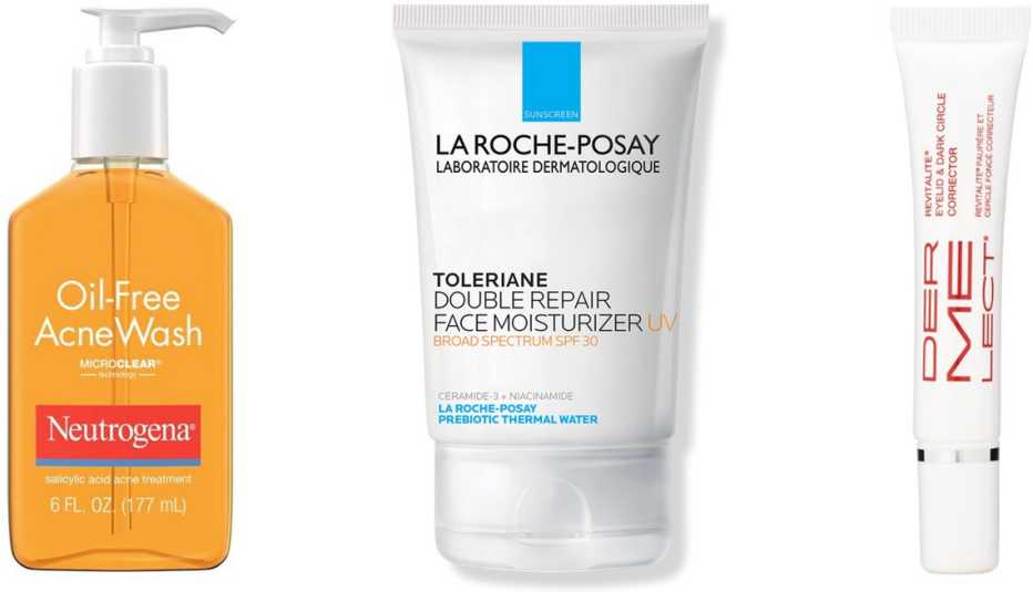 Neutrogena Oil-Free Salicylic Acid Acne Fighting Face Wash; La Roche-Posay Toleriane Double Repair Face Moisturizer UV SPF 30; Dermelect Revitalite Eyelid & Dark Circle Corrector