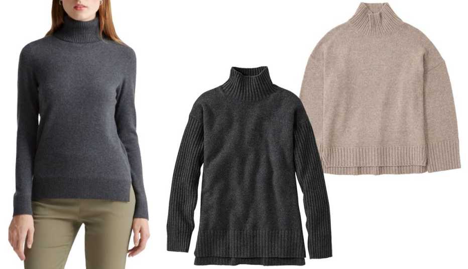 Quince Super Luxe Baby Cashmere Turtleneck Sweater in Charcoal; L.L. Bean Women’s The Essential Sweater, Turtleneck in Medium Charcoal Heather; Abercrombie & Fitch Tuckable Easy Turtleneck Sweater in Taupe Quince Super Luxe Baby Cashmere Turtleneck Sweater in Charcoal; L.L. Bean Women’s The Essential Sweater, Turtleneck in Medium Charcoal Heather; Abercrombie & Fitch Tuckable Easy Turtleneck Sweater in Taupe