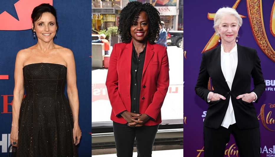 Julia Louis- Dreyfus hair wavy and casually pulled back, simple soft makeup; Viola Davis glowing skin, glossy red lips, natural textured curls...fabulous; Helen Mirren in glow-y skin, rosy lips, cream blush.
