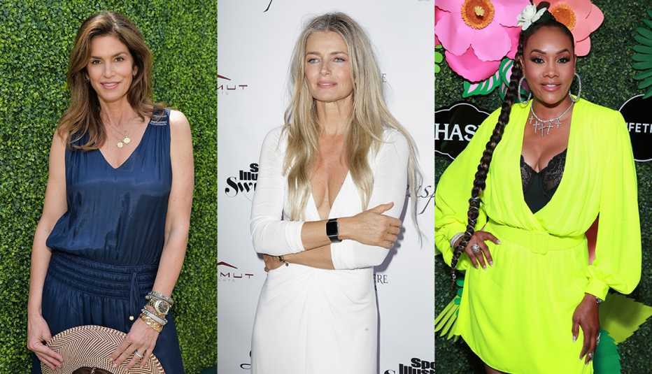 Cindy Crawford in subtle makeup and subtle highlights carries her broad brim straw too!; Paulina Porizkova in long natural hair- a grey-blonde mix; Vivica A. Fox in extra long faux braid- hair pulled into a topknot.