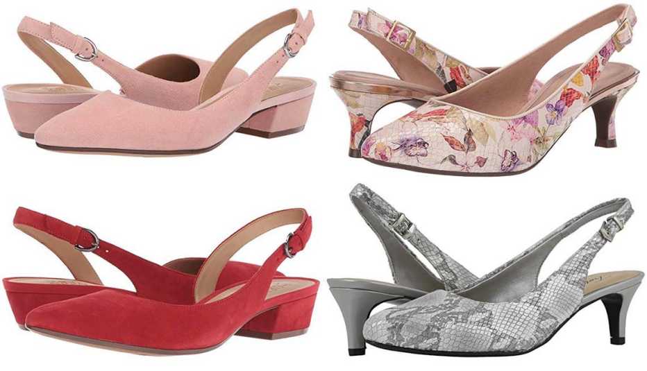 Clockwise: Naturalizer Banks in Rose Pink Suede; Rockport Total Motion  Kaiya Sling in Floral; Trotters Keely in Grey;  Naturalizer Banks in Hotsauce Suede