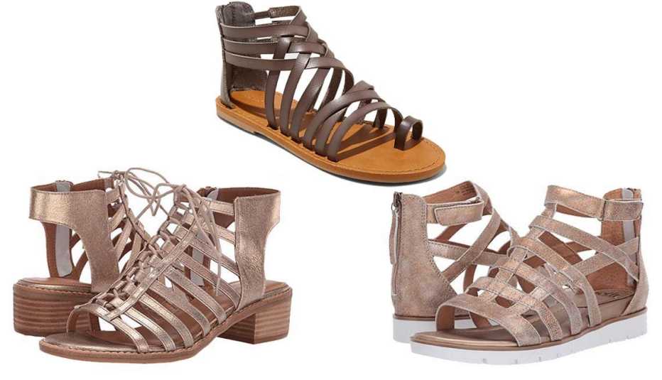 Clockwise: Comfortiva Blossom in Gold Calgary Metallic; Universal Thread Makena Gladiator Sandals in Gray; Sofft Mahari in Gold Calgary Metallic 