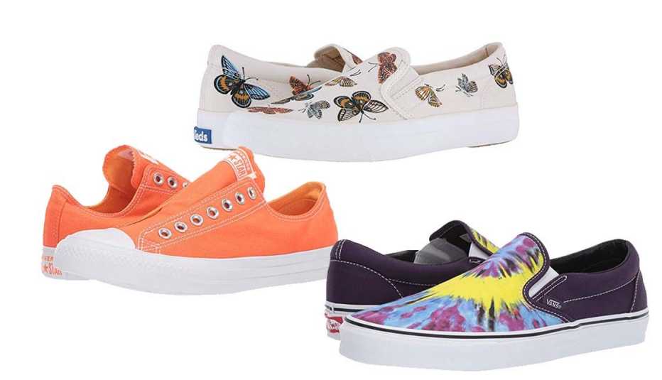 Clockwise: Converse Chuck Taylor All Star Slip-On in Turf Orange/ Melon Baller; Keds X Rifle Paper Co. Anchor Slip Monarch; Vans Classic Slip-On in Tie Dye Mysterioso