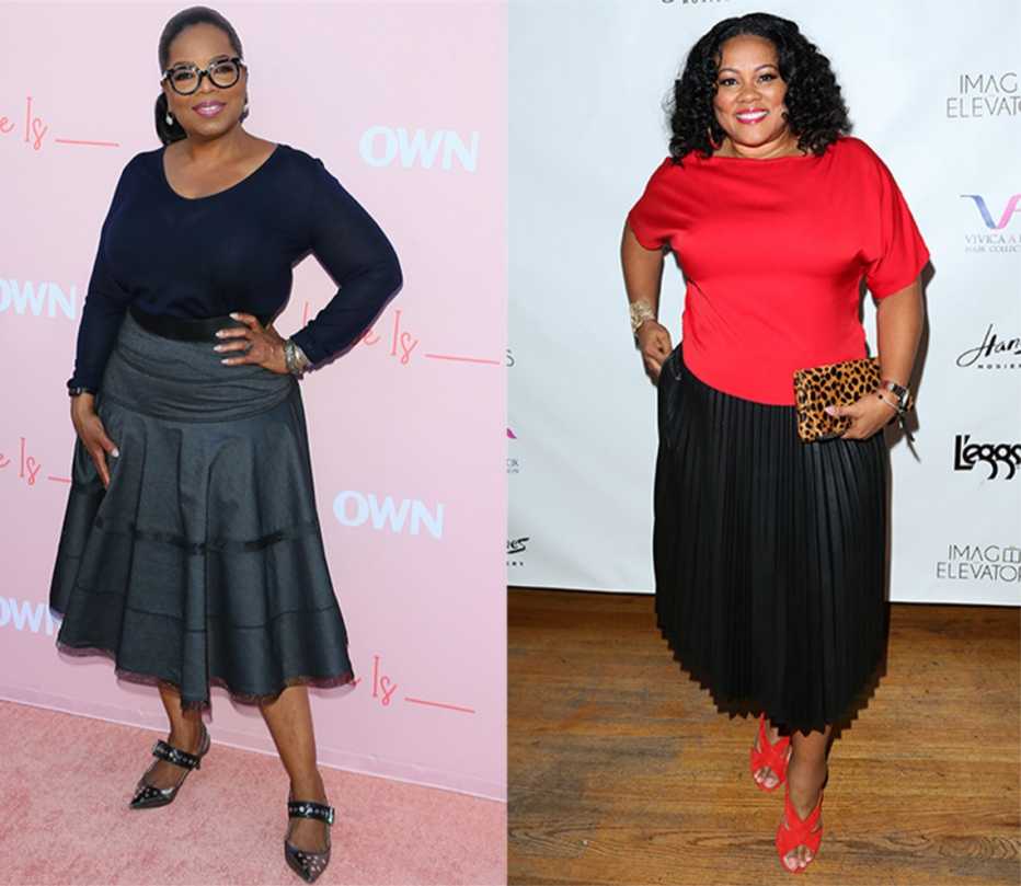 Oprah Winfrey and Lela Rochon wearing below the knee skirts.