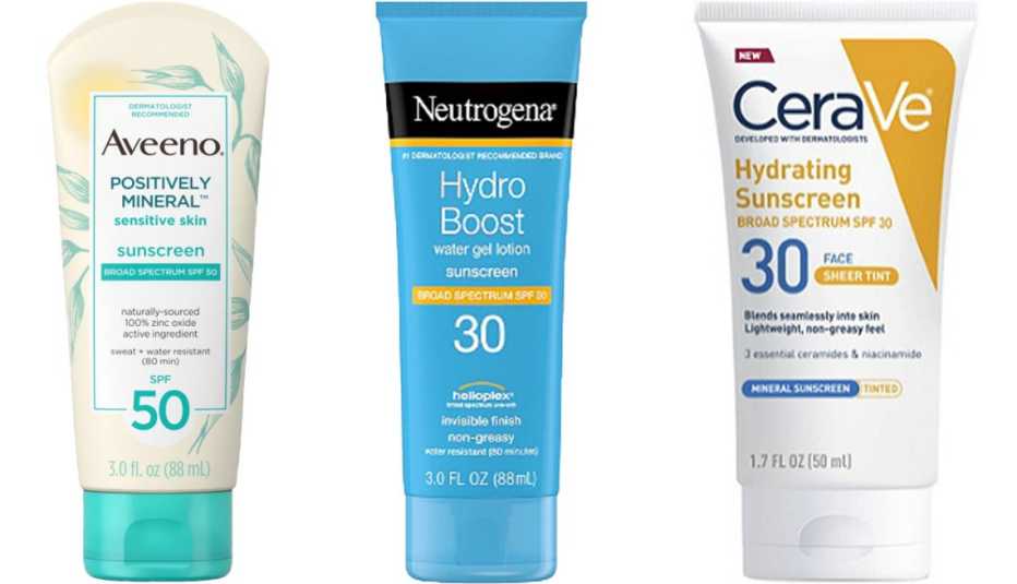 Aveeno Positively Mineral Sensitive Skin Sunscreen S P F 50 Neutrogena Hydro Boost Water Gel Lotion Sunscreen S P F 30 CeraVe Face Sheer Tint Hydrating Sunscreen S P F 30