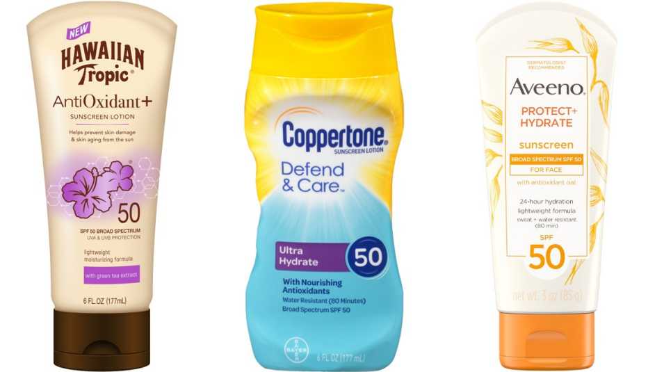 Hawaiian Tropic Antioxidant plus Sunscreen Lotion S P F 50 Coppertone Defend and Care Ultra Hydrate Sunscreen Lotion Broad Spectrum S P F 50 Aveeno Protect plus Hydrate Lotion Sunscreen with S P F 50 for Face