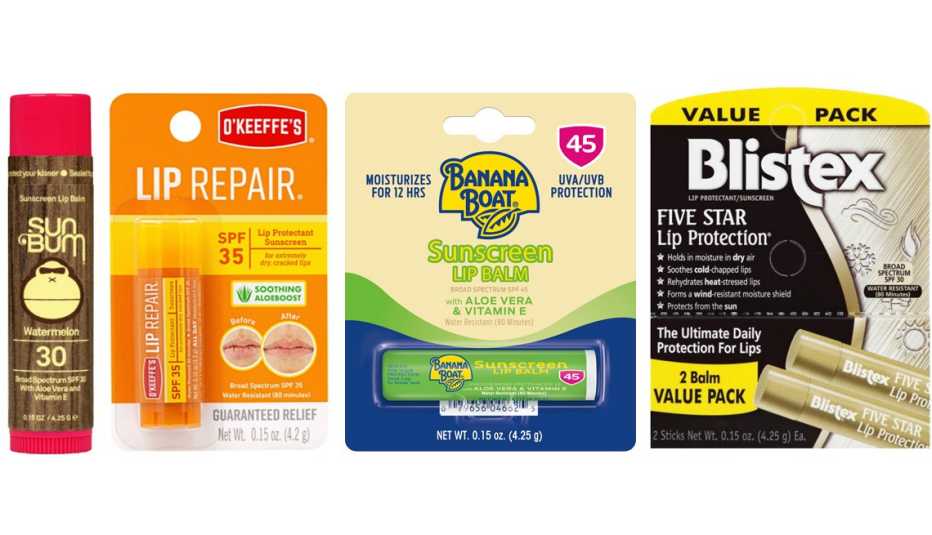 Sun Bum Watermelon Lip Balm S P F 30 O Keefes Lip Repair with S P F 35 Stick Banana Boat Sunscreen Lip Balm S P F 45 Aloe Vera and Vitamin E Blistex Five Star Protection Lip Balm S P F 30