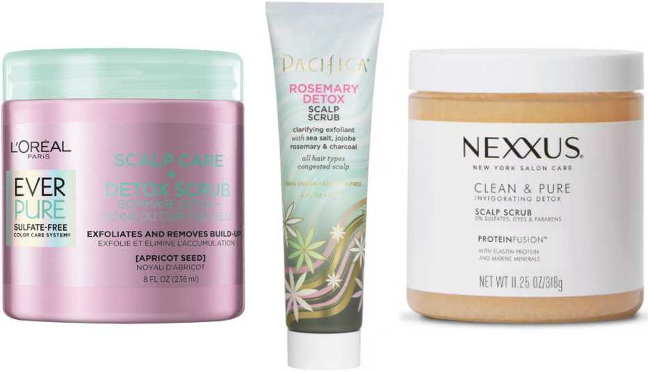 L’Oréal Paris EverPure Scalp Care+ Detox Scrub, Sulfate Free; Pacifica Rosemary Detox Scalp Scrub; Nexxus Clean & Pure Sulfate-Free Scalp Scrub L’Oréal Paris EverPure Scalp Care+ Detox Scrub, Sulfate Free; Pacifica Rosemary Detox Scalp Scrub; Nexxus Clean & Pure Sulfate-Free Scalp Scrub