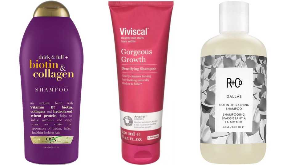 OGX Thick & Full + Biotin & Collagen Shampoo; Viviscal Gorgeous Growth Densifying Shampoo; R+Co Dallas Biotin Thickening Shampoo OGX Thick & Full + Biotin & Collagen Shampoo; Viviscal Gorgeous Growth Densifying Shampoo; R+Co Dallas Biotin Thickening Shampoo
