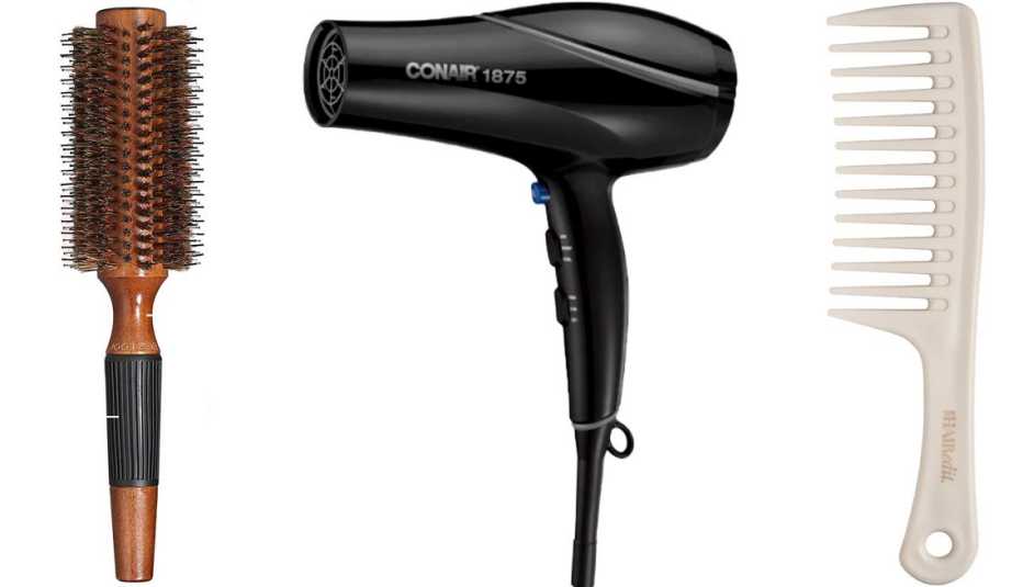Bestool Boar Bristle Round Hairbrush; Conair Style & Shine Natural Crystal Dryer; The Hair Edit Tame & Condition Comb