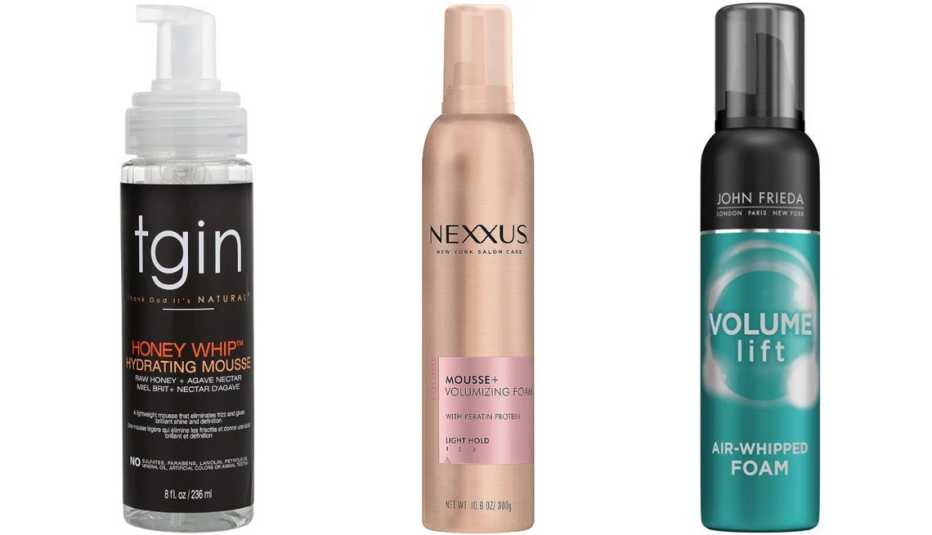 TGIN Honey Whip Hydrating Mousse; Nexxus Mousse Plus Volumizing Foam; John Frieda Volume Lift Air-Whipped Foam