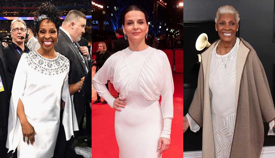 Gladys Knight in a white embellished dress with draped slash sleeves, Juliette Binoche in a white gown with draped bodice and dolman sleeves, Dionne Warwick in a white gown and taupe cashmere jacket 
