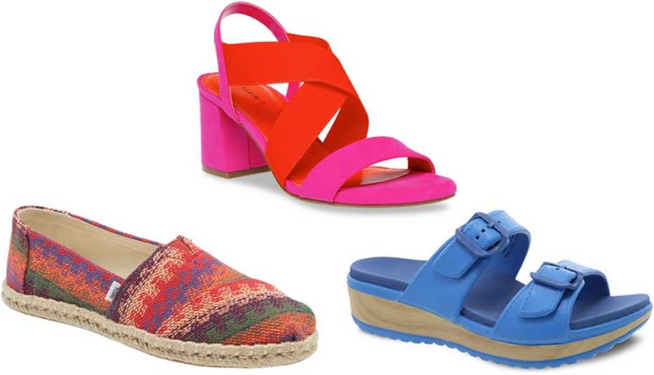 Toms Alpargata Espadrille Slip-On in Pink Multi; Anne Klein Women's Ryles Heel Sandals in Fuchsia Orange; Dansko Kandi Slide Sandal in Blue Molded