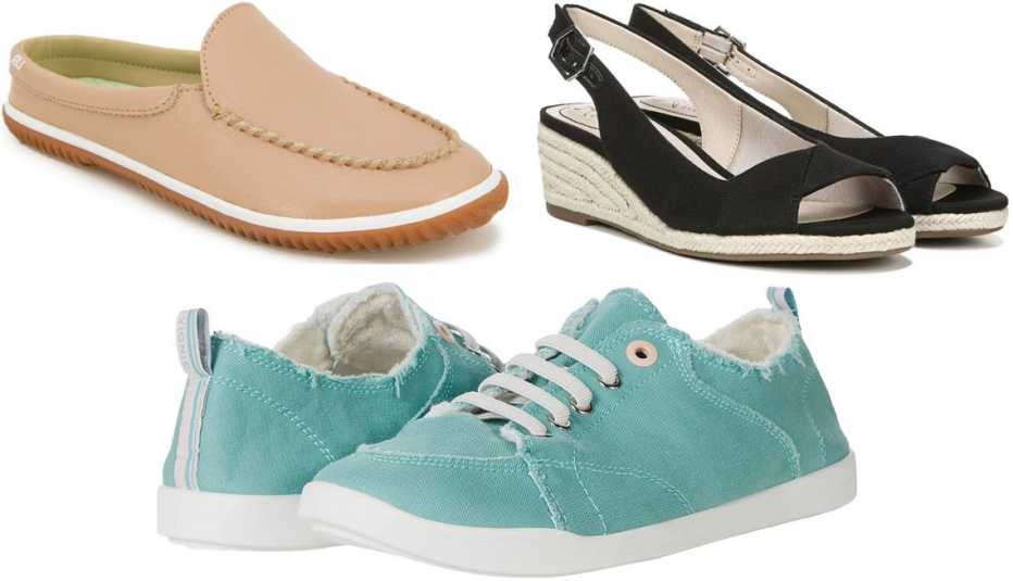 JBU by Jambu Women’s Torino Mule in Dusty Pink; LifeStride Women’s Socialite Medium/Wide Espadrille Wedge Sandal in Black Canvas; Vionic Beach Pismo in Wasabi