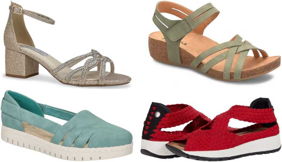 Touchups by Benjamin Walk Zoey Sandal in Bronze Metallic; Korks Women’s Primrose Comfort Sandal in Sage Green; bernie mev Tara Blossom in Red; Easy Street Women’s Bugsy Comfort Slip-On Flats in Turquoise