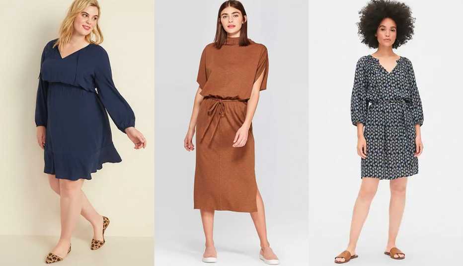Old Navy Waist Defined Tie-Neck Plus-Size Dress, Prologue Batwing Short Sleeve Turtleneck A-Line Midi Dress, Gap Print Peasant Sleeve Smock Dress 