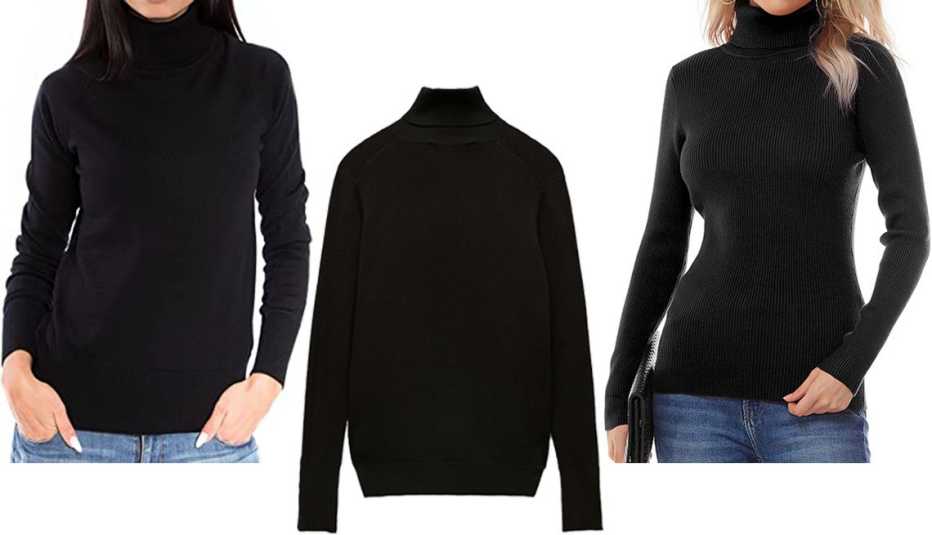 Knittons Women’s Soft Merino Wool Turtleneck in Black; Zara Women Basic Turtleneck Knit Sweater in Black; Nine Bull Women’s Stretch Turtleneck in Black Knittons Women’s Soft Merino Wool Turtleneck in Black; Zara Women Basic Turtleneck Knit Sweater in Black; Nine Bull Women’s Stretch Turtleneck in Black