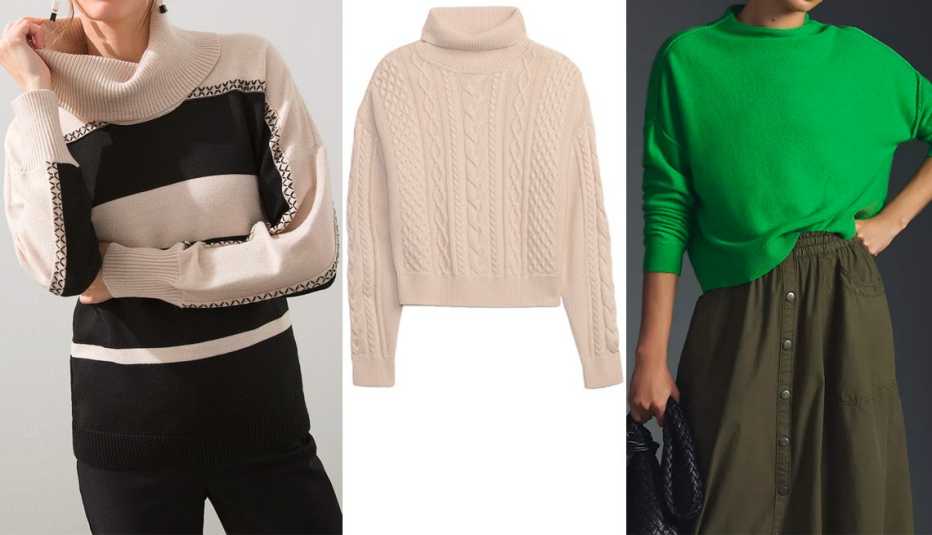 Chico’s Stripe Cowl Neck Sweater in Black; Gap Cable-Knit Turtleneck Sweater in Chino Beige; Pilcro The Alani Cashmere Mock-Neck Sweater in Lime Chico’s Stripe Cowl Neck Sweater in Black; Gap Cable-Knit Turtleneck Sweater in Chino Beige; Pilcro The Alani Cashmere Mock-Neck Sweater in Lime