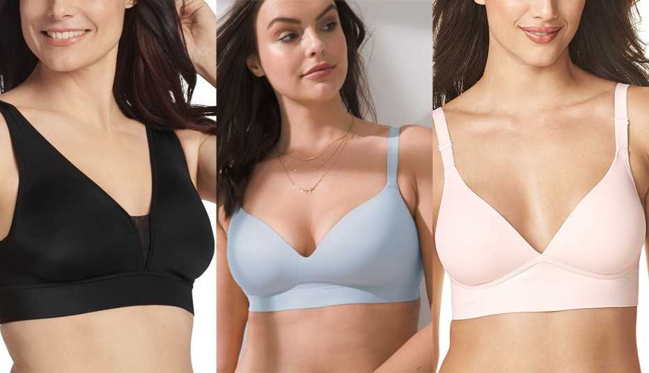 Jockey Women’s Forever Fit V-Neck Unlined Bra 2997; Soma Enbliss Wireless Bra style 570222679 in Peaceful Blue; Warner’s Elements of Bliss Wire-free Bra RM3741A in Rosewater