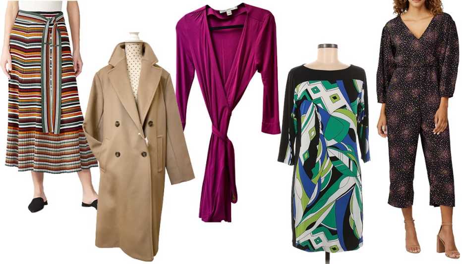 From left: 3.1 Phillip Lim Striped Maxi Wrap Skirt in Brown Multi from Pre-Owned Rent the Runway ($209, saksoff5th.com); Max Mara Wool Coat ($450, vestiairecollective.com); Diane Von Furstenberg Mid-Length Dress ($59, vestiairecollective.com) wrap style in violet; Banana Republic Factory Store Casual Dress ($17, thredup.com) boatneck Pucci like blue print; Kate Spade New York Disco Dots Cropped Jumpsuit- Rent The Runway/ Pre-Owned ($82, saksoff5th.com) From left: 3.1 Phillip Lim Striped Maxi Wrap Skirt in Brown Multi from Pre-Owned Rent the Runway ($209, saksoff5th.com); Max Mara Wool Coat ($450, vestiairecollective.com); Diane Von Furstenberg Mid-Length Dress ($59, vestiairecollective.com) wrap style in violet; Banana Republic Factory Store Casual Dress ($17, thredup.com) boatneck Pucci like blue print; Kate Spade New York Disco Dots Cropped Jumpsuit- Rent The Runway/ Pre-Owned ($82, saksoff5th.com)