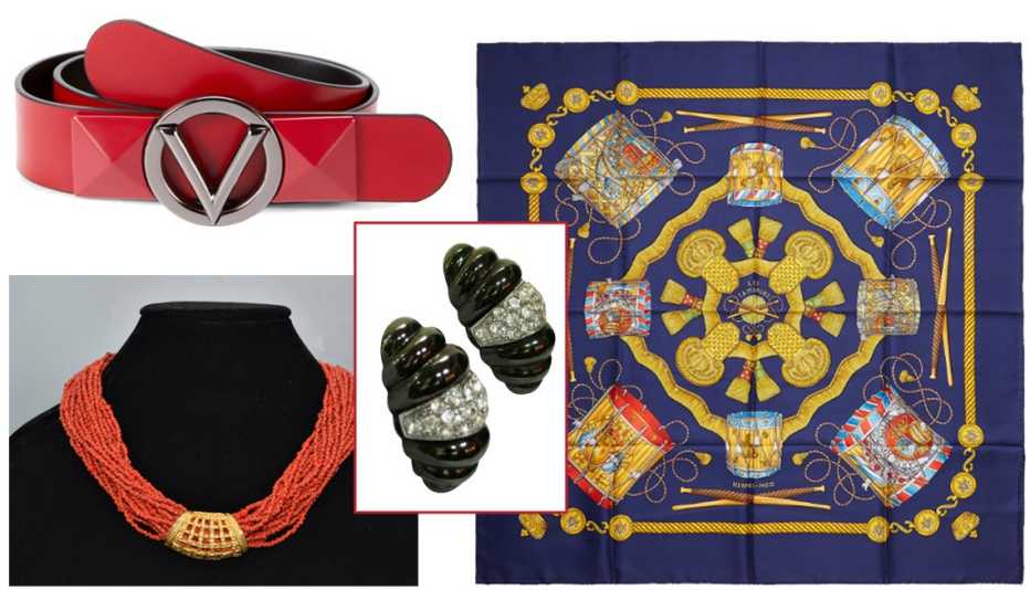 Clockwise from top left: Valentino by Mario Valentino 1.2’’ Leather Belt in Lipstick ($180, saksoff5th.com) standout buckle and red color; Hermes Navy & Multicolor “Les Tambours” Silk Scarf 90 ($390, whatgoesaroundnyc.com); Givenchy Crystal Modernist Earrings from Wisteria Antiques ($109, onekingslane.com; Kenneth Jay Lane Faux Coral Seed Bead Multistrand Necklace with Slide from Damsontreasures ($95, etsy.com)